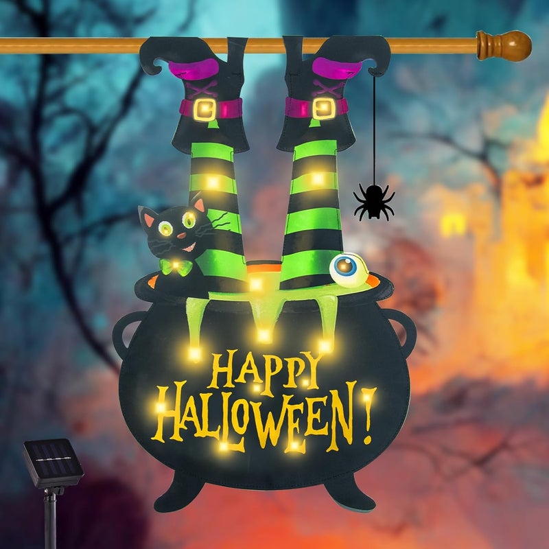 FLAGMESAGE Halloween Lighted Garden Flag for Outside, Witch Feet Shape Flag Yard Decor, 8 Modes Double Sided Cauldron Eyeball Black Cat Outdoor Hlloween Decorations for Home Porch (Warm White-28x40) - Image 1
